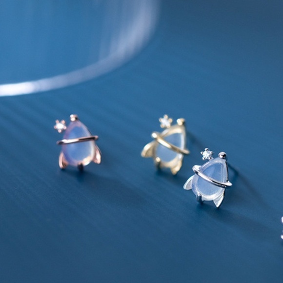 Sterling Silver Space Ship Earrings | Gold Stone Dainty Rhinestone Earrings Gift - Picture 4 of 5